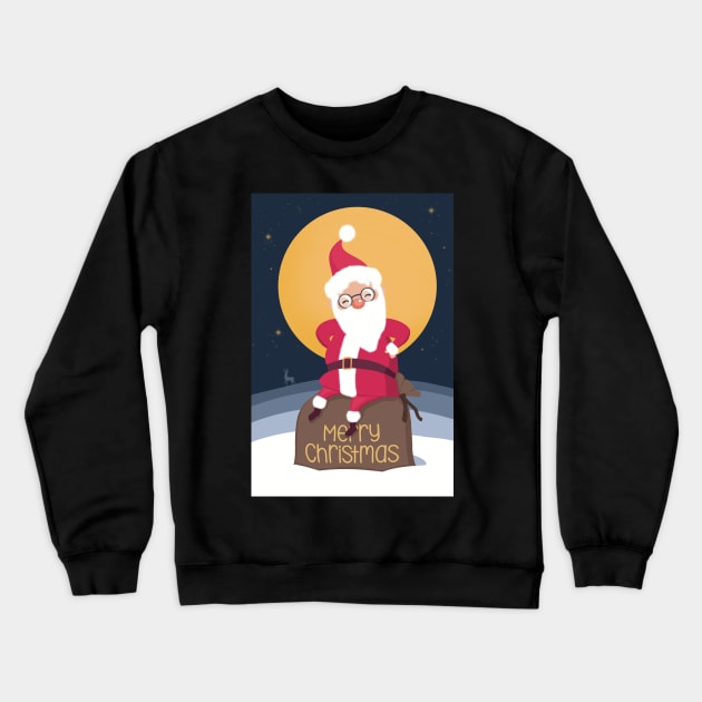 Happy Santa sitting on the Christmas gifts in the winter night. Merry Christmas. Crewneck Sweatshirt by marina63